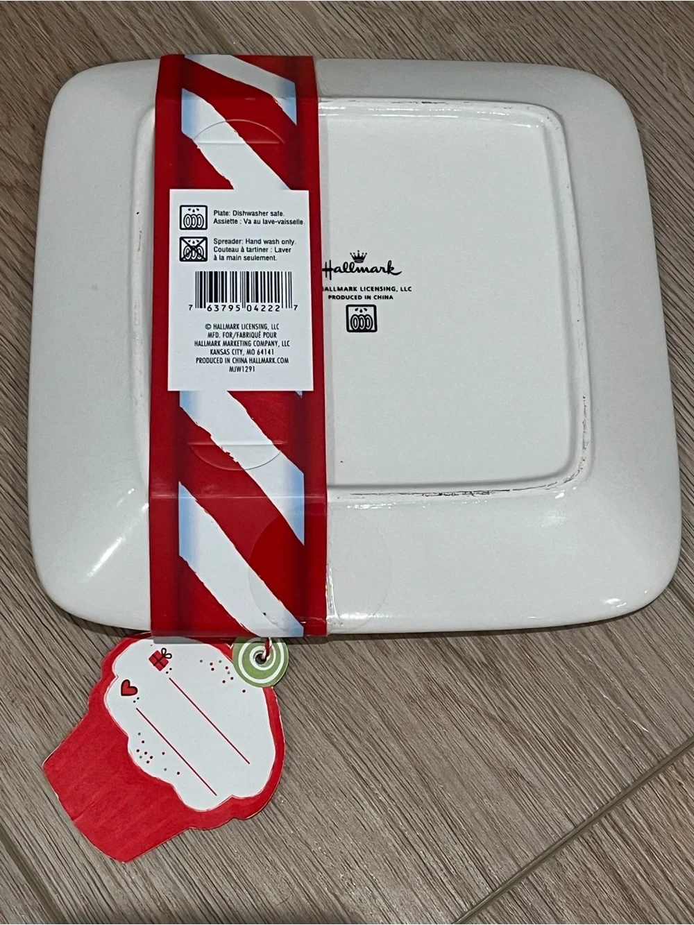 Hallmark White Dessert Plate with Red Mitten Spreader and Ribbon